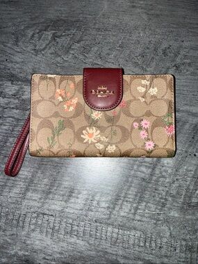 Coach Floral Signature Wristlet Wallet in Brown with Burgundy Trim